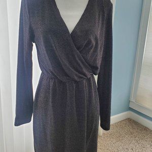 sexy black silver sequin dress stretchy mini faux wrap dress M